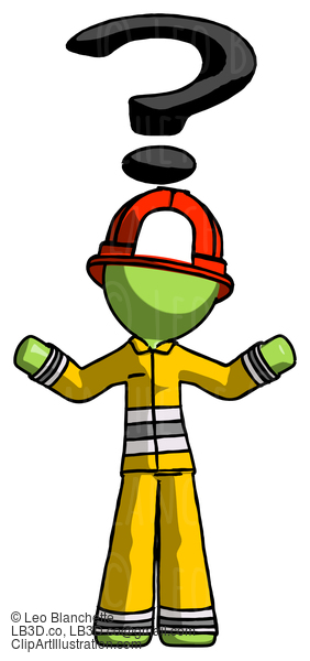 Green Firefighter Fireman Man With Question Mark Above Head, Confused #13158