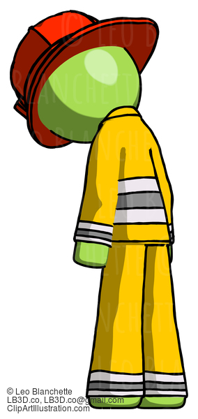 Green Firefighter Fireman Man Depressed With Head Down, Back To Viewer, Left #13159