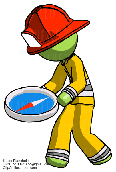 Green Firefighter Fireman Man Walking With Large Compass #13167