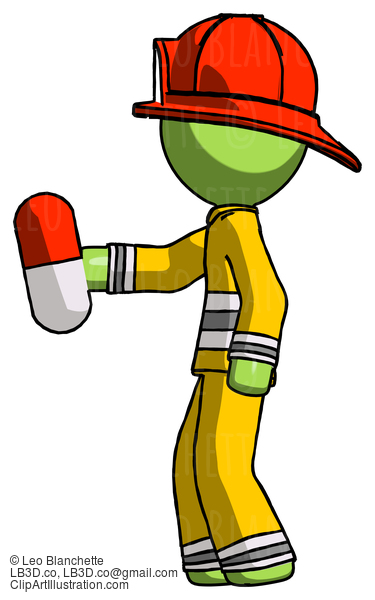 Green Firefighter Fireman Man Holding Red Pill Walking To Left #13170