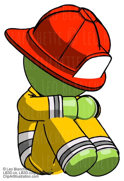 Green Firefighter Fireman Man Sitting With Head Down Facing Angle Right #13173