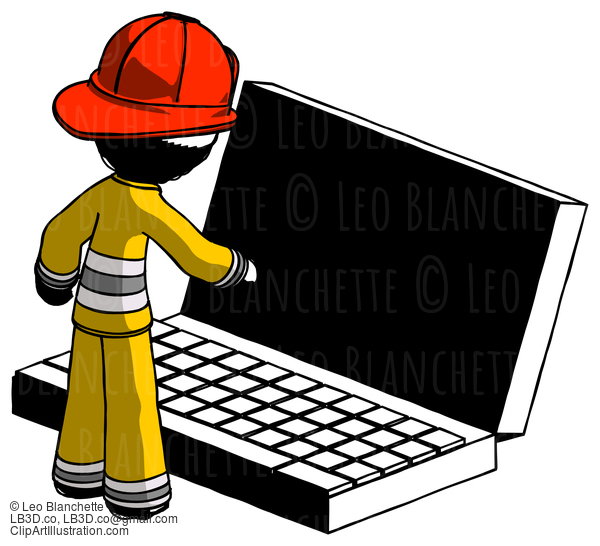 Ink Firefighter Fireman Man Using Large Laptop Computer #11656