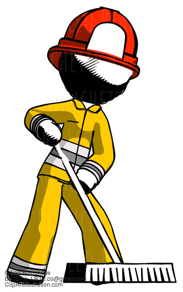 Ink Firefighter Fireman Man Cleaning Services Janitor Sweeping Floor With Push Broom #11661