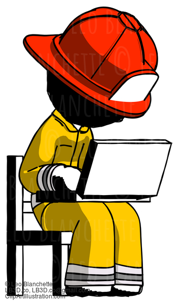 Ink Firefighter Fireman Man Using Laptop Computer While Sitting In Chair Angled Right #11667