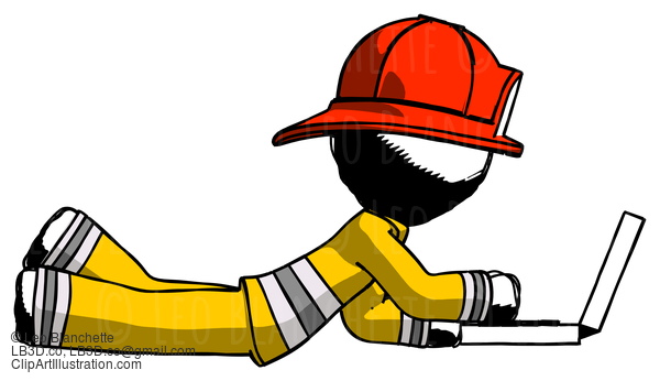 Ink Firefighter Fireman Man Using Laptop Computer While Lying On Floor Side View #11672