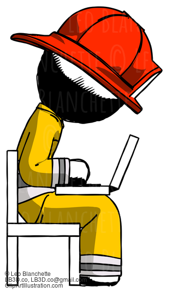 Ink Firefighter Fireman Man Using Laptop Computer While Sitting In Chair View From Side #11674