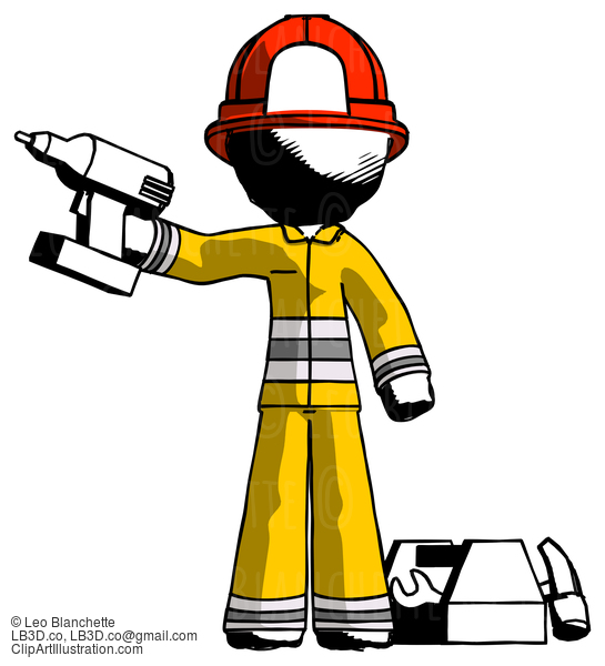 Ink Firefighter Fireman Man Holding Drill Ready To Work, Toolchest And Tools To Right #11681