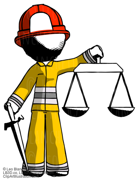 Ink Firefighter Fireman Man Justice Concept With Scales And Sword, Justicia Derived #11692