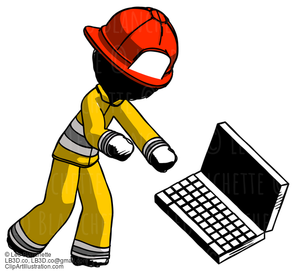 Ink Firefighter Fireman Man Throwing Laptop Computer In Frustration #11693