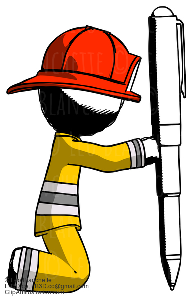 Ink Firefighter Fireman Man Posing With Giant Pen In Powerful Yet Awkward Manner. #11703