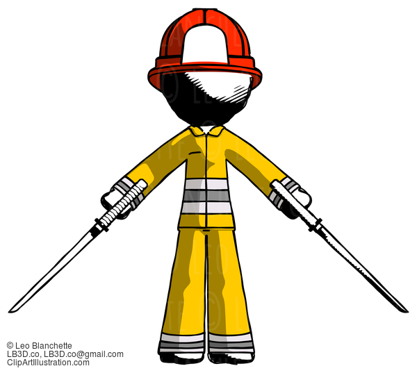 Ink Firefighter Fireman Man Posing With Two Ninja Sword Katanas #11710