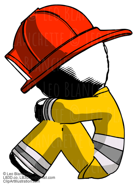 Ink Firefighter Fireman Man Sitting With Head Down Facing Sideways Left #11717