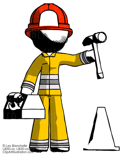 Ink Firefighter Fireman Man Under Construction Concept, Traffic Cone And Tools #11726