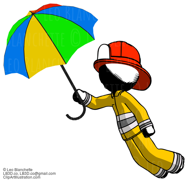 Ink Firefighter Fireman Man Flying With Rainbow Colored Umbrella #11732