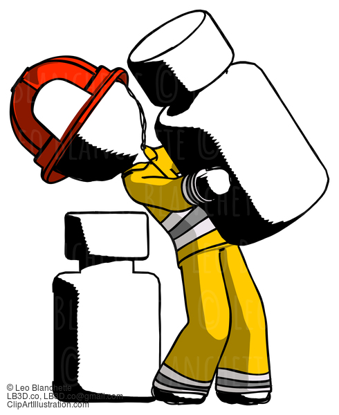 Ink Firefighter Fireman Man Holding Large White Medicine Bottle With Bottle In Background #11733