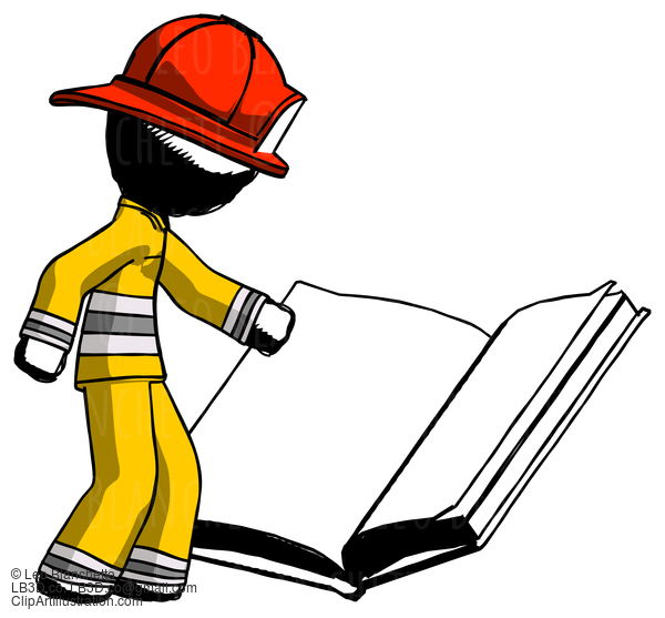 Ink Firefighter Fireman Man Reading Big Book While Standing Beside It #11738