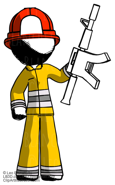 Ink Firefighter Fireman Man Holding Automatic Gun #11745