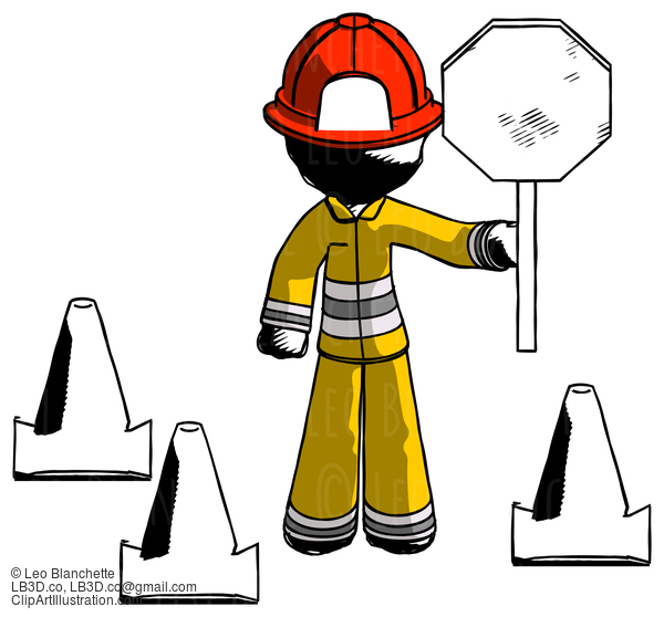 Ink Firefighter Fireman Man Holding Stop Sign By Traffic Cones Under Construction Concept #11762