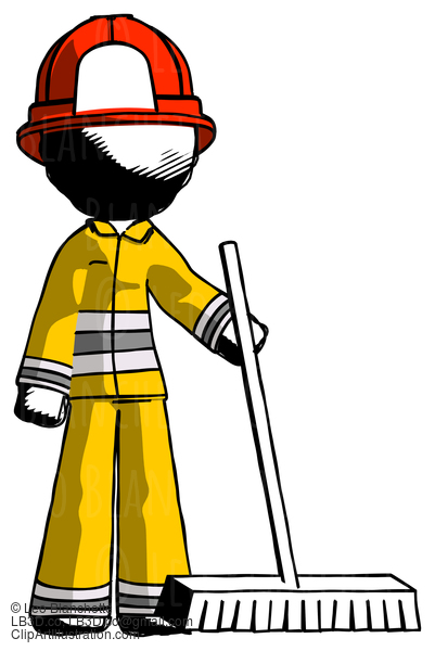 Ink Firefighter Fireman Man Standing With Industrial Broom #11763