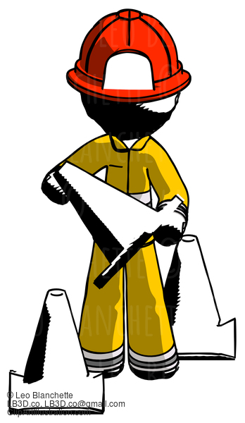 Ink Firefighter Fireman Man Holding A Traffic Cone #11778