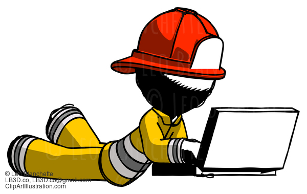 Ink Firefighter Fireman Man Using Laptop Computer While Lying On Floor Side Angled View #11783