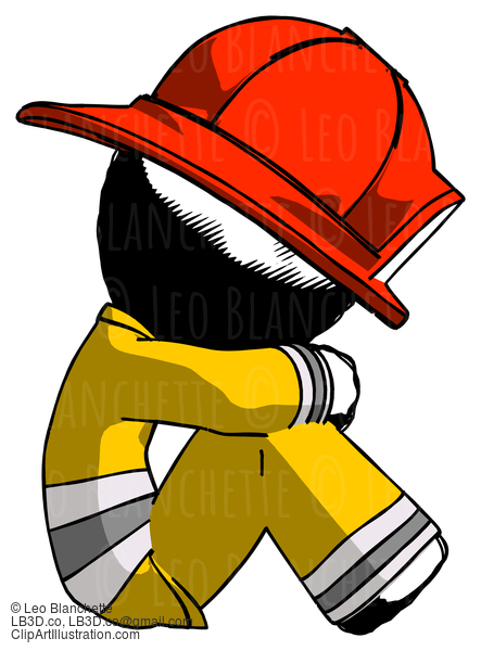 Ink Firefighter Fireman Man Sitting With Head Down Facing Sideways Right #11796