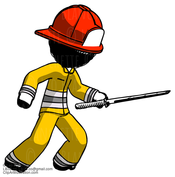 Ink Firefighter Fireman Man Stabbing With Ninja Sword Katana #11798