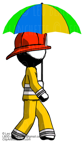 Ink Firefighter Fireman Man Walking With Colored Umbrella #11802