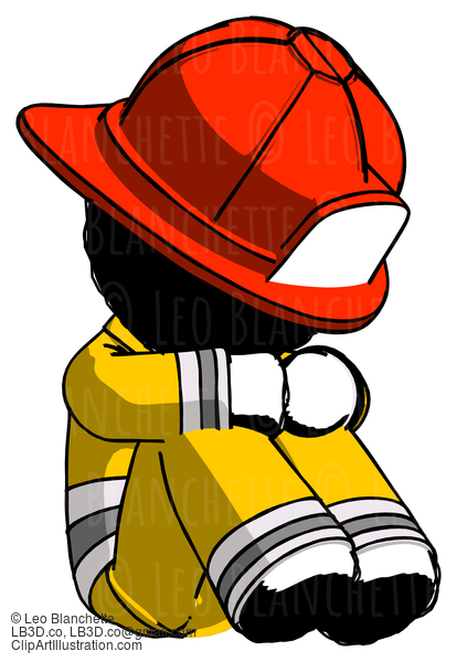 Ink Firefighter Fireman Man Sitting With Head Down Facing Angle Right #11808