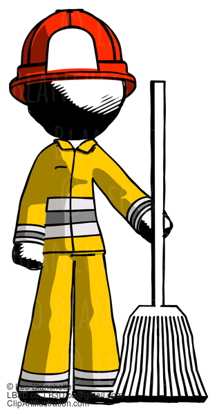 Ink Firefighter Fireman Man Standing With Broom Cleaning Services #11814