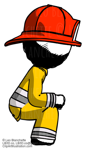 Ink Firefighter Fireman Man Squatting Facing Right #11841