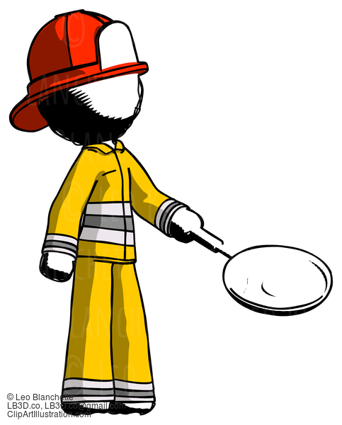 Ink Firefighter Fireman Man Frying Egg In Pan Or Wok Facing Right #11851