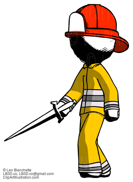 Ink Firefighter Fireman Man With Sword Walking Confidently #11853