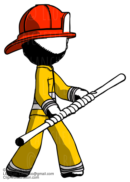 Ink Firefighter Fireman Man Holding Bo Staff In Sideways Defense Pose #11861