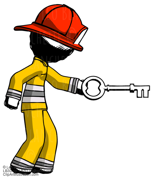 Ink Firefighter Fireman Man With Big Key Of Gold Opening Something #11870