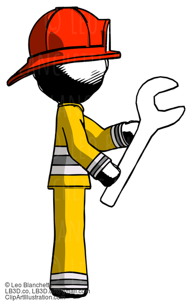 Ink Firefighter Fireman Man Using Wrench Adjusting Something To Right #11872