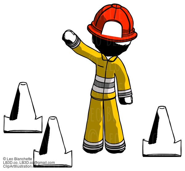 Ink Firefighter Fireman Man Standing By Traffic Cones Waving #11876