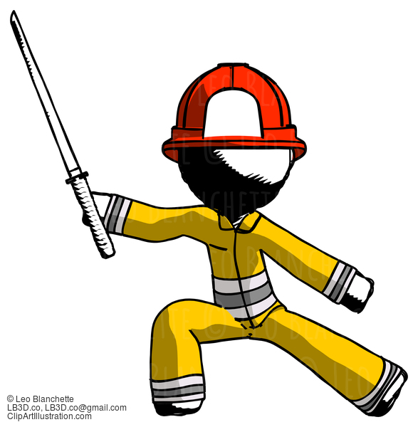 Ink Firefighter Fireman Man With Ninja Sword Katana In Defense Pose #11878