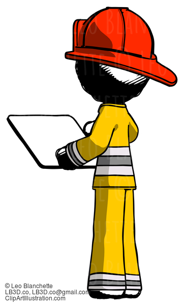 Ink Firefighter Fireman Man Looking At Tablet Device Computer With Back To Viewer #11888