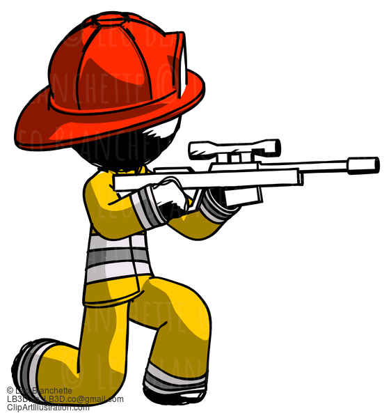 Ink Firefighter Fireman Man Kneeling Shooting Sniper Rifle #11890