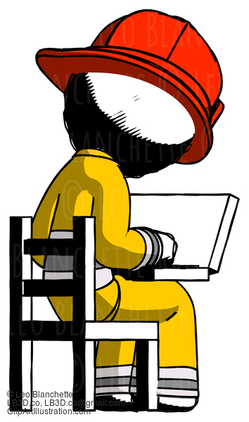 Ink Firefighter Fireman Man Using Laptop Computer While Sitting In Chair View From Back #11892