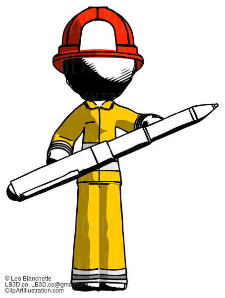 Ink Firefighter Fireman Man Posing Confidently With Giant Pen #11894