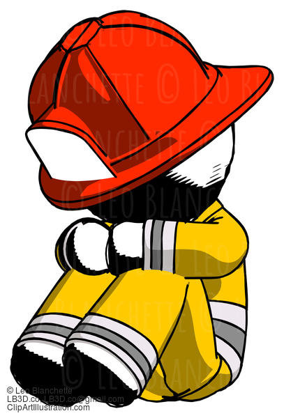 Ink Firefighter Fireman Man Sitting With Head Down Facing Angle Left #11896