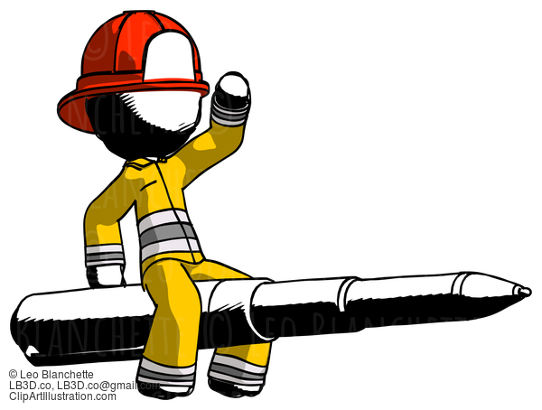 Ink Firefighter Fireman Man Riding A Pen Like A Giant Rocket #11913