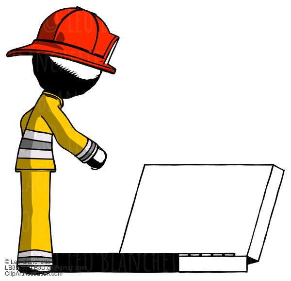 Ink Firefighter Fireman Man Using Large Laptop Computer Side Orthographic View #11917