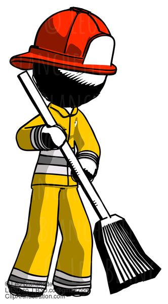 Ink Firefighter Fireman Man Sweeping Area With Broom #11922