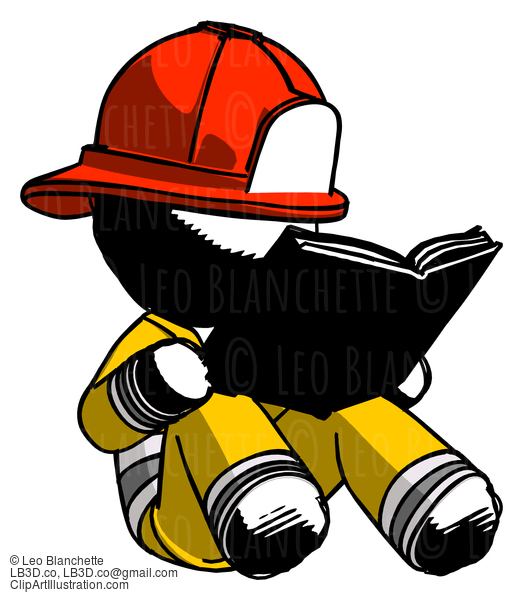 Ink Firefighter Fireman Man Reading Book While Sitting Down #11954