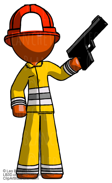 Orange Firefighter Fireman Man Holding Handgun #12261