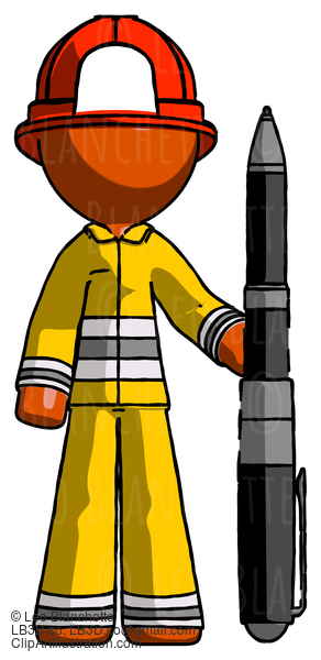 Orange Firefighter Fireman Man Holding Large Pen #12263