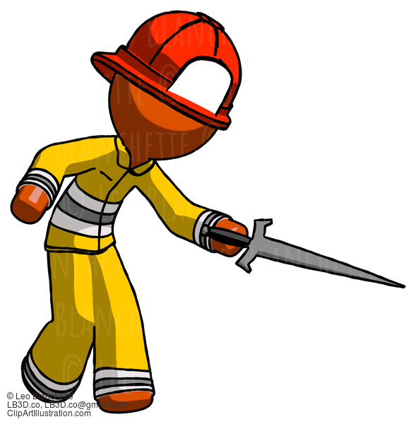 Orange Firefighter Fireman Man Sword Pose Stabbing Or Jabbing #12266